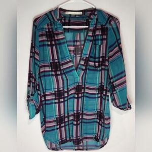 fun 2 fun | Sheer Plaid Top 3/4 Sleeves | Size Medium